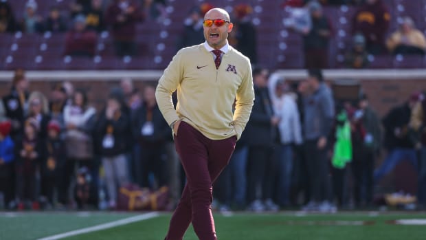 Nov 4, 2023; Minneapolis, Minnesota, USA; Minnesota Golden Gophers head coach P.J. Fleck looks on before the game against the Illinois Fighting Illini at Huntington Bank Stadium. Mandatory Credit: Matt Krohn-USA TODAY Sports